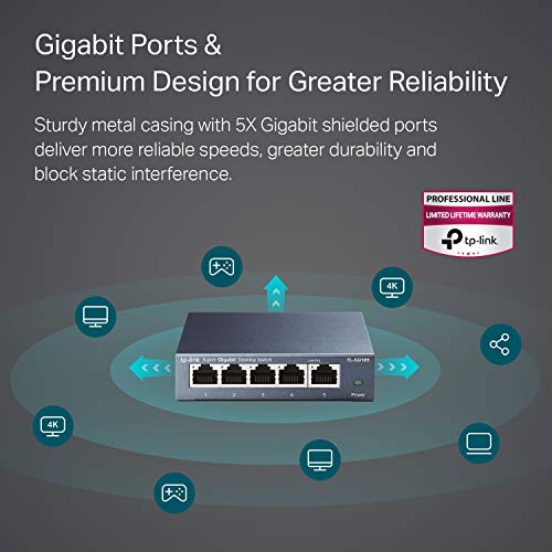 TP-Link TL-SG105 - Switch 5 Puertos 10/100/1000 MBps Switch ethernet, Switch gigabit, Indicador del estado, acero inoxidable con Super disipación de calor, IGMP snooping, QoS, Negro