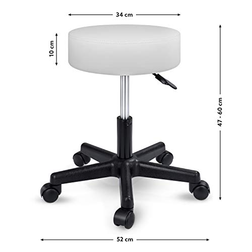 TRESKO Taburete con Ruedas Taburete Giratorio cosmético de Trabajo Consulta, Regulable en Altura, Giratorio en 360°, con Asiento Acolchado de 10 cm y 8 Variantes de Colores (Blanco)