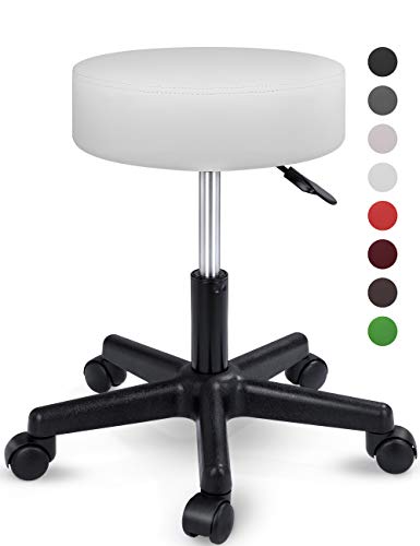 TRESKO Taburete con Ruedas Taburete Giratorio cosmético de Trabajo Consulta, Regulable en Altura, Giratorio en 360°, con Asiento Acolchado de 10 cm y 8 Variantes de Colores (Blanco)