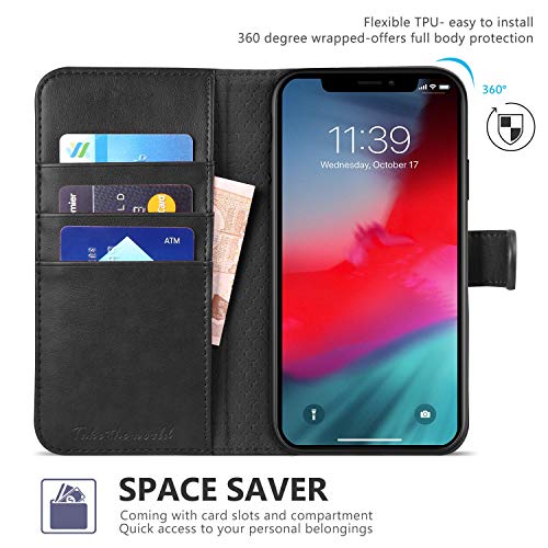 TUCCH Funda iPhone XS MAX, Carcasa Protectora con Despertar/Dormir Automático, Cáscara de TPU, Cierre Magnético, Bloqueo RFID, Ranura para Tarjeta, Funda de Cuero PU para iPhone XS MAX 6.5'', Negro