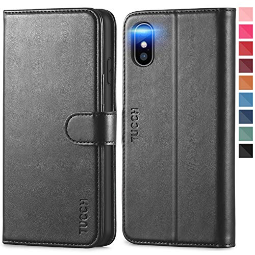 TUCCH Funda iPhone XS MAX, Carcasa Protectora con Despertar/Dormir Automático, Cáscara de TPU, Cierre Magnético, Bloqueo RFID, Ranura para Tarjeta, Funda de Cuero PU para iPhone XS MAX 6.5'', Negro