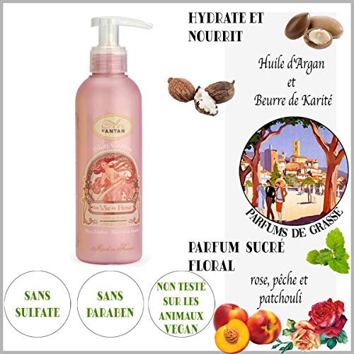 Un Air d’Antan Crema Corporal Francesa Rose con Manteca de Karite y Aceite de Argan, Perfume Melocotón, Petalos de Rosa y Pachulí – Formula Reafirmante – Para Mujer Idea Regalo Bomba 200ml