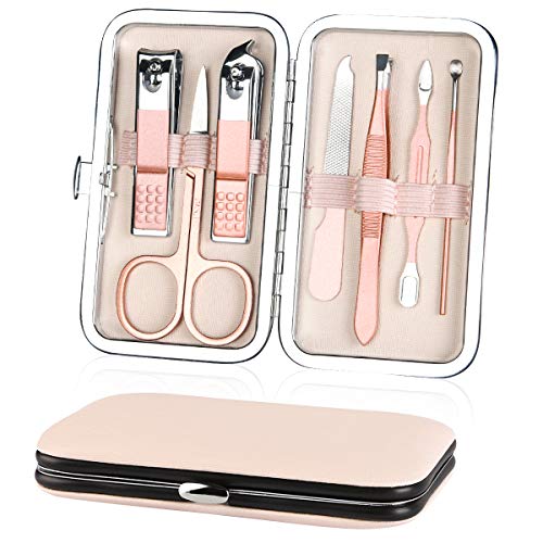 URAQT Set de Manicura para Mujeres, 7 piezas de Cortaúñas y Kit de Aseo para Cejas, Herramientas para el Cuidado de Las Uñas de Acero Inoxidable con Estuche de Cuero para Viajes y Hogar