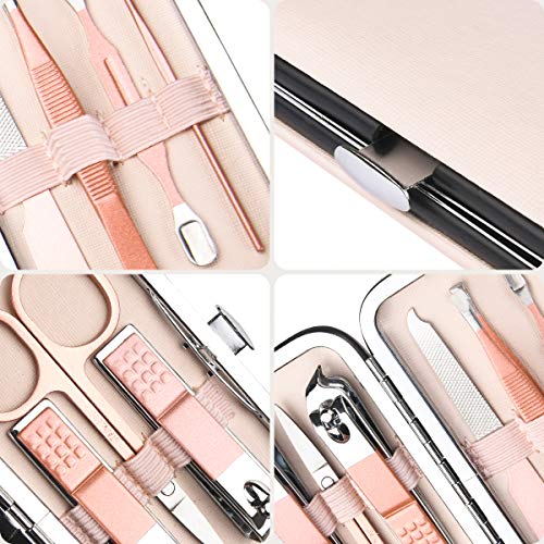 URAQT Set de Manicura para Mujeres, 7 piezas de Cortaúñas y Kit de Aseo para Cejas, Herramientas para el Cuidado de Las Uñas de Acero Inoxidable con Estuche de Cuero para Viajes y Hogar