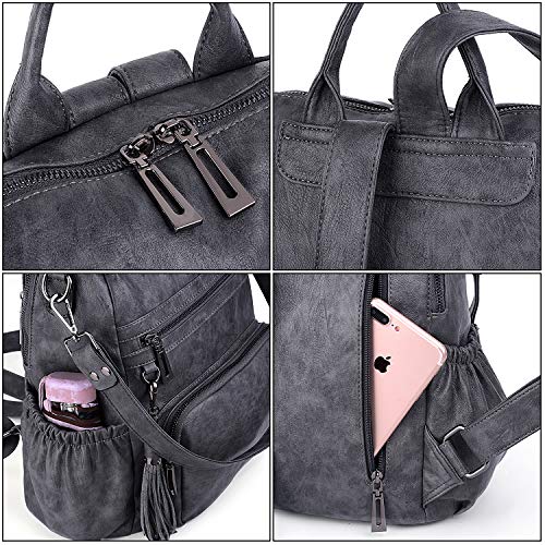 UTO - Bolso Mochila de Mujer Cuero Sintético Bolso Bandolera Bolso Escolar con Bolsillos Laterales con Borlas Gris 1