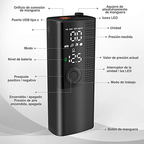 Vastar Compresor de Aire Portátil Inteligente - Bomba Neumáticos con Función de Desinflado, Almacenamiento de Tráquea, Pantalla Digital, Luz LED, 5 Modos Batería de Litio, 120PSI, 2000mAh, 20 l/min