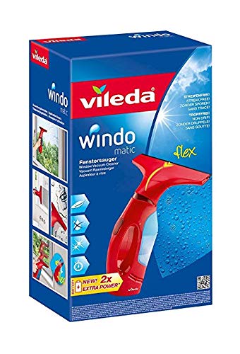 Vileda Windomatic - Aspirador de ventanas con labio de goma, limpiacristales con cabezal flexible y depósito de agua, aspiración vertical y horizontal, medidas 17,5x12x32 cm, color rojo