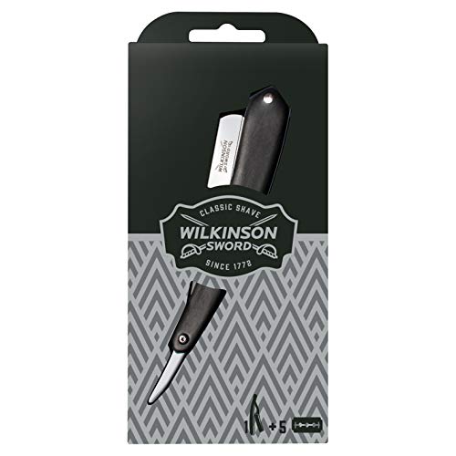 Wilkinson Sword Classic Cutthroat - Kit de Navaja Clásica de Afeitar de Barbero + 5 Hojas de Recambio, Afeitado Manual Profesional para Hombre