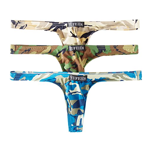 YFD Sexy Hombres G-String Tanga Ropa Interior De Algodón De Camuflaje Calzoncillos Slip 3 Pack Blue&Red&Yellow Medium