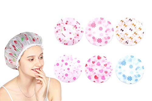 yiqi 6pcs Gorro de Ducha Impermeable de plástico Gorros para el Pelo de baño con Banda elástica Reutilizable Shower Cap ，Variedad de Patrones，Color al Azar