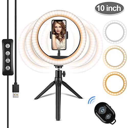 Zacro 10 Pulgadas LED Anillo de Luz Trípode, Control Remoto Bluetooth, 3 Modos de Luz 10 Brillos Regulables, Soporte para Selfie Almacenable, Ring Light LED para Transmisión en Vivo, Movil, Selfie