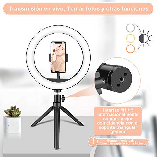 Zacro 10 Pulgadas LED Anillo de Luz Trípode, Control Remoto Bluetooth, 3 Modos de Luz 10 Brillos Regulables, Soporte para Selfie Almacenable, Ring Light LED para Transmisión en Vivo, Movil, Selfie