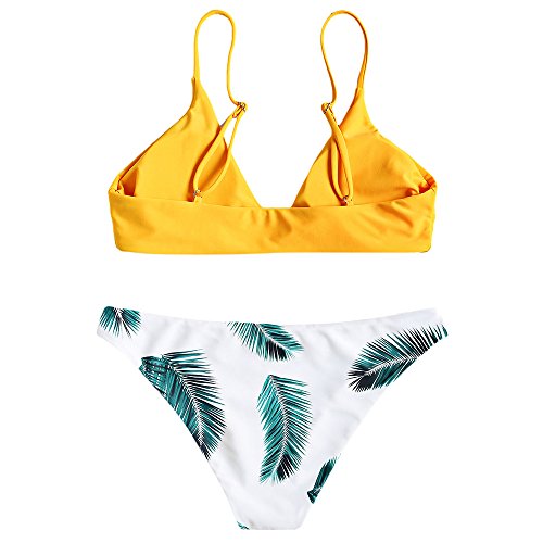 Zaful Bikini acolchado push-up para mujer con diseño de hojas Abeja amarilla. M