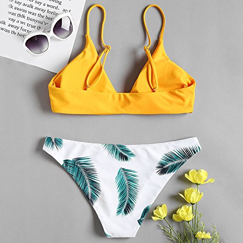 Zaful Bikini acolchado push-up para mujer con diseño de hojas Abeja amarilla. M