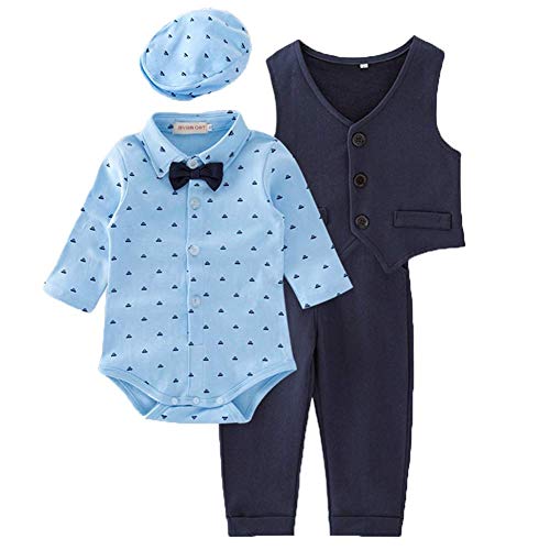 ZOEREA 4pcs Ropa Bebe niño Conjuntos Camisas de Manga Larga + Chaleco + Pantalones + Boina, Infantil niños Trajes Conjunto de Fiesta Boda Bautizo Etiqueta 100