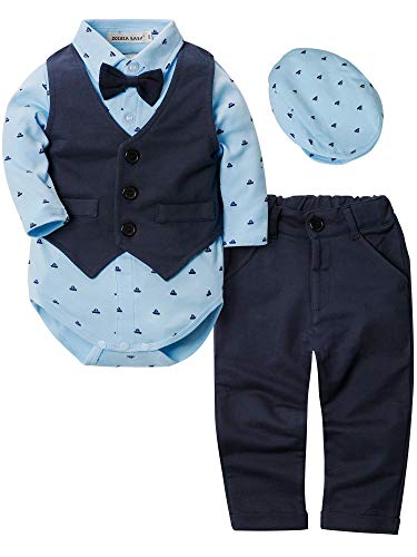 ZOEREA 4pcs Ropa Bebe niño Conjuntos Camisas de Manga Larga + Chaleco + Pantalones + Boina, Infantil niños Trajes Conjunto de Fiesta Boda Bautizo Etiqueta 100