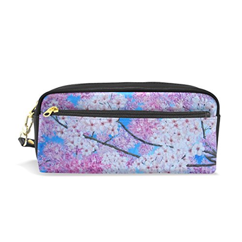 Zzkko Peinture à l'huile Fleurs de cerisier rose bleu Cuir Fermeture Éclair Trousse Stylo papeterie Sac Cosmétique Maquillage Sac pochette Sac à main