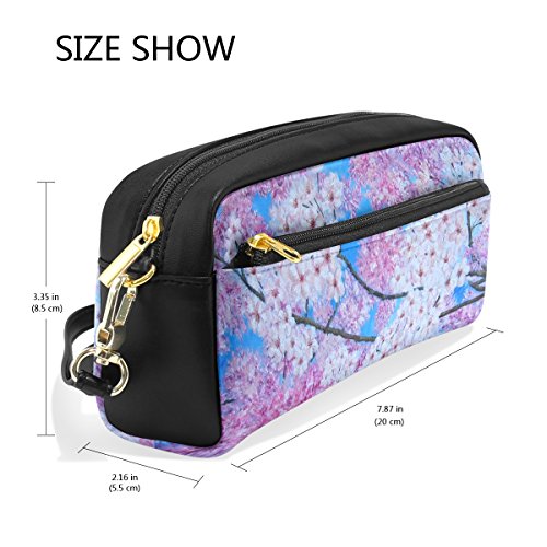 Zzkko Peinture à l'huile Fleurs de cerisier rose bleu Cuir Fermeture Éclair Trousse Stylo papeterie Sac Cosmétique Maquillage Sac pochette Sac à main