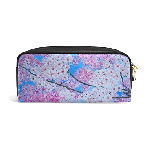 Zzkko Peinture à l'huile Fleurs de cerisier rose bleu Cuir Fermeture Éclair Trousse Stylo papeterie Sac Cosmétique Maquillage Sac pochette Sac à main