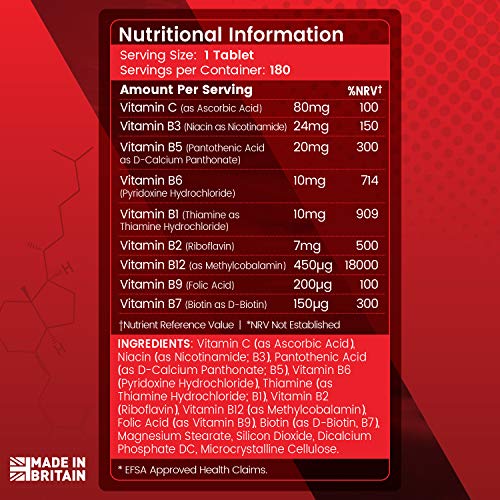 Vitamina B Complex 180 Comprimidos Dosis Alta Vitaminas del Grupo B Vegano- Complejo Vitamínico B con Vitamina C, Biotina, Ácido Fólico B1, B2, B3, B5, B6 y B12, Aumenta Concentración y Memoria