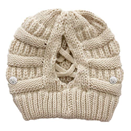 1 Pcs Cálido Gorro de Punto, Gorro de Cola de Caballo, Agujero para Coleta Suave Elástico para Mujer Térmico Beanie con Agujero para Coleta(Beige)