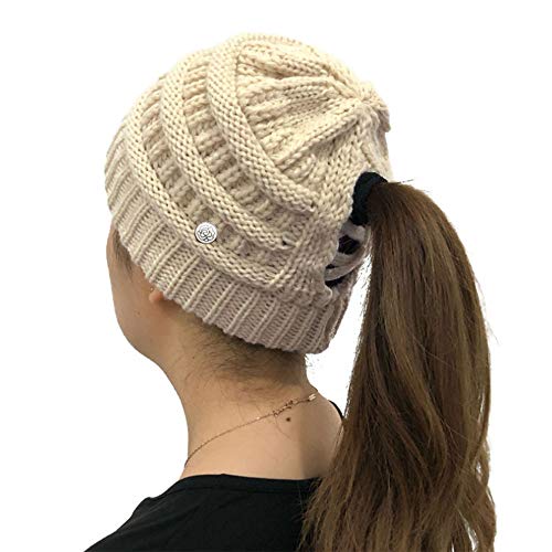 1 Pcs Cálido Gorro de Punto, Gorro de Cola de Caballo, Agujero para Coleta Suave Elástico para Mujer Térmico Beanie con Agujero para Coleta(Beige)