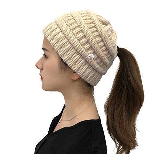 1 Pcs Cálido Gorro de Punto, Gorro de Cola de Caballo, Agujero para Coleta Suave Elástico para Mujer Térmico Beanie con Agujero para Coleta(Beige)