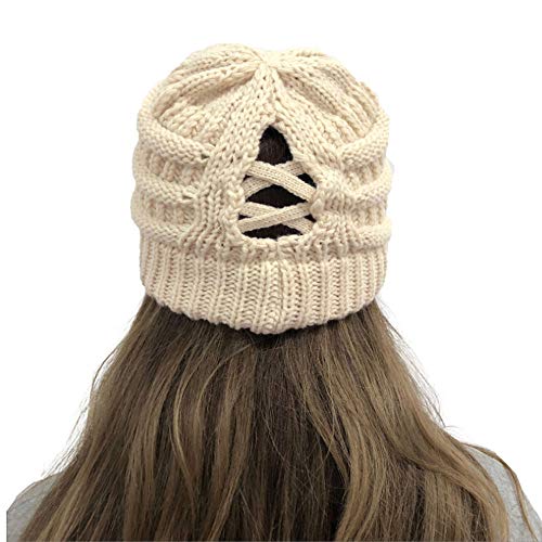 1 Pcs Cálido Gorro de Punto, Gorro de Cola de Caballo, Agujero para Coleta Suave Elástico para Mujer Térmico Beanie con Agujero para Coleta(Beige)