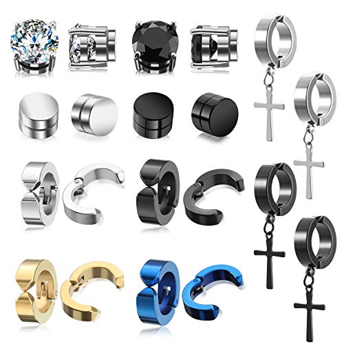 10 Pares Pendientes de Botón Magnéticos de Acero Inoxidable, Pendientes de Aro Colgantes Cruzados No Perforantes Pendiente de Clip de Calibre Set de Aretes con Imán Negro CZ (Estilo Elegante)