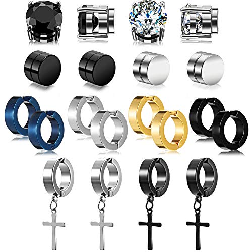 10 Pares Pendientes de Botón Magnéticos de Acero Inoxidable, Pendientes de Aro Colgantes Cruzados No Perforantes Pendiente de Clip de Calibre Set de Aretes con Imán Negro CZ (Estilo Elegante)