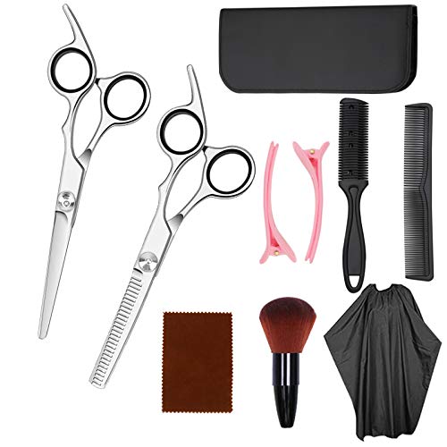 10 Pcs Kit Tijeras Peluqueria Profesional, Hairdressing Scissors Set Tijeras Peluqueria de Acero Inoxidable, Juego de Tijera Peluqueria con Estuche de Cuero para Hombres, Mujeres y Niños