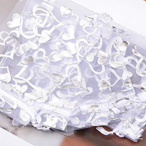 100 Bolsas de Organza Bolsitas Tul con Corazón Saquitos Arroz Regalo Joyas Caramelo Dulces Recuerdo Favores Detalles para Boda Fiesta Bautizo Navidad con Cintas Blanco