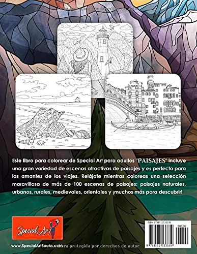 100 Paisajes: Un Libro de Colorear para Adultos con Hermosas playas tropicales, Curiosas Ciudades, Frescas Montañas, Paisajes Rurales y mucho más