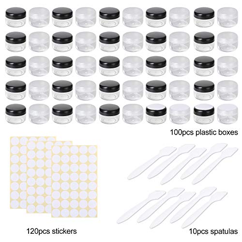 100 pcs Envases para Cosmetica Plástico, Frascos de Viaje Vacíos de 5g/5ml,Frascos de Cosméticos, Frascos de Plástico con Tapas, Utilizados para Loción, Polvo, Bálsamo Labial （Negro y Transparente）