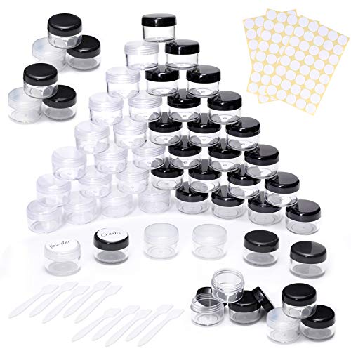 100 pcs Envases para Cosmetica Plástico, Frascos de Viaje Vacíos de 5g/5ml,Frascos de Cosméticos, Frascos de Plástico con Tapas, Utilizados para Loción, Polvo, Bálsamo Labial （Negro y Transparente）