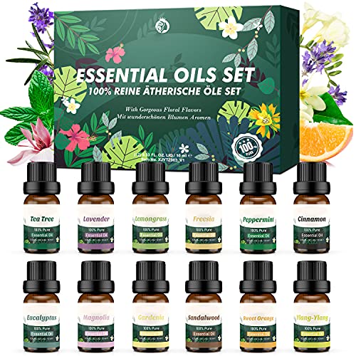 12 Pcs Aceites Essenciale Naturales,Set de Aceites Esenciales Florales Puros,Aceites de Aromaterapia para Humidificador Diffusor|Magnolia,Cinnamon,Gardenia,Lemongrass,Peppermint,Eucalyptus,Ylang-ylang