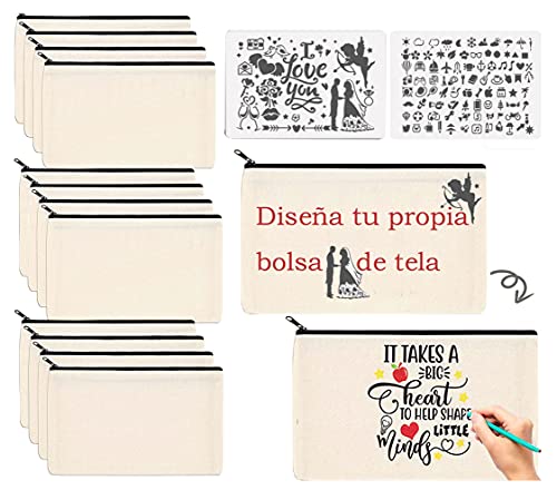 12 Pcs Bolsa De Maquillaje De Lona, Cremallera Bolsas, Estuche De lápices Multiusos, DIY Bolsas De Tela Para Pintar, Aplican A Mujeres, Niñas Y Estudiantes Elería, Con 2 Plantillas De Pintura (Beige)