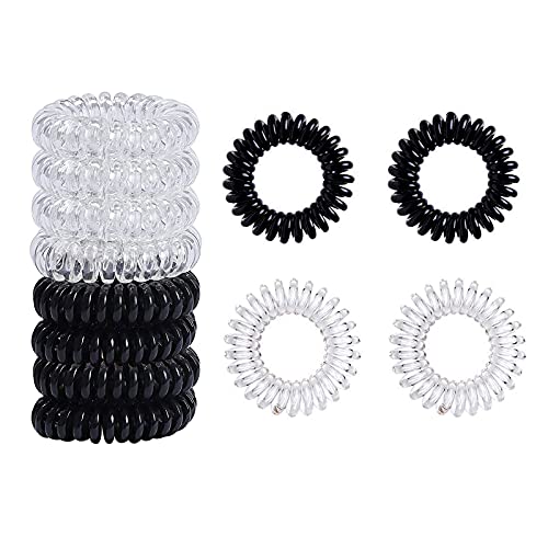 16 Piezas Gomas del pelo Elásticas, Cintas para el cabello en espiral cable de teléfono, bandas para el pelo, resistentes al agua, Soporte para coletas para mujeres y niñas,Negro y Transparente