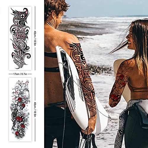 18 Hojas Tatuaje Temporal, CAYUDEN 10 Tatuajes Temporales Adultos de Brazo Completo + 8 Tatuajes de Mentira Medio Brazo Kit de Manga de Tattoo Temporal para Hombres, Mujeres, Maquillaje, Body