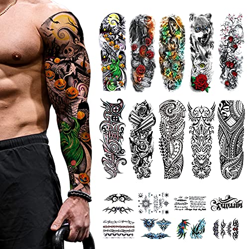 18 Hojas Tatuaje Temporal, CAYUDEN 10 Tatuajes Temporales Adultos de Brazo Completo + 8 Tatuajes de Mentira Medio Brazo Kit de Manga de Tattoo Temporal para Hombres, Mujeres, Maquillaje, Body