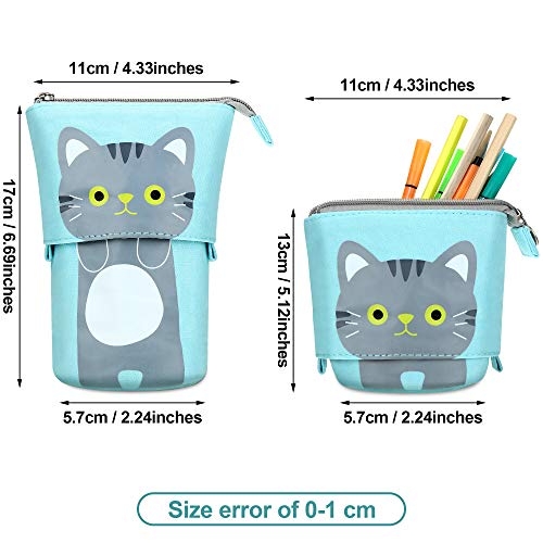 2 Bolsas de Lápices de Pie Transformador Organizador de Lápices Telescópico de PU Lona de Gato Lindo de Dibujo Animado Bolsa de Cosméticos Maquillaje con Cremallera para Navidad (Gris y Blanco)