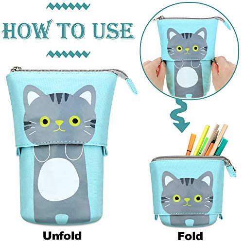 2 Bolsas de Lápices de Pie Transformador Organizador de Lápices Telescópico de PU Lona de Gato Lindo de Dibujo Animado Bolsa de Cosméticos Maquillaje con Cremallera para Navidad (Gris y Blanco)