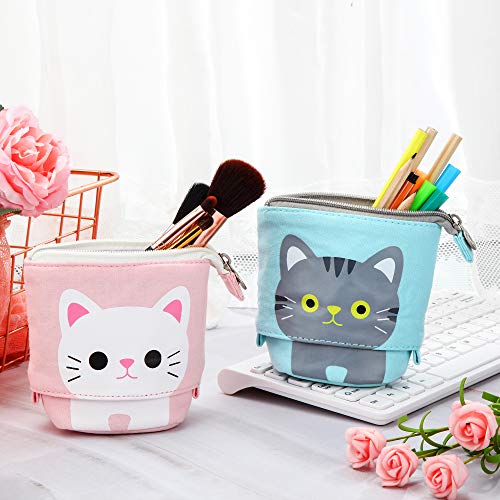 2 Bolsas de Lápices de Pie Transformador Organizador de Lápices Telescópico de PU Lona de Gato Lindo de Dibujo Animado Bolsa de Cosméticos Maquillaje con Cremallera para Navidad (Gris y Blanco)