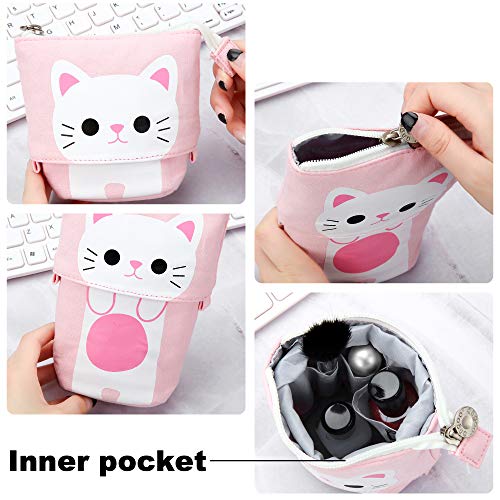 2 Bolsas de Lápices de Pie Transformador Organizador de Lápices Telescópico de PU Lona de Gato Lindo de Dibujo Animado Bolsa de Cosméticos Maquillaje con Cremallera para Navidad (Gris y Blanco)