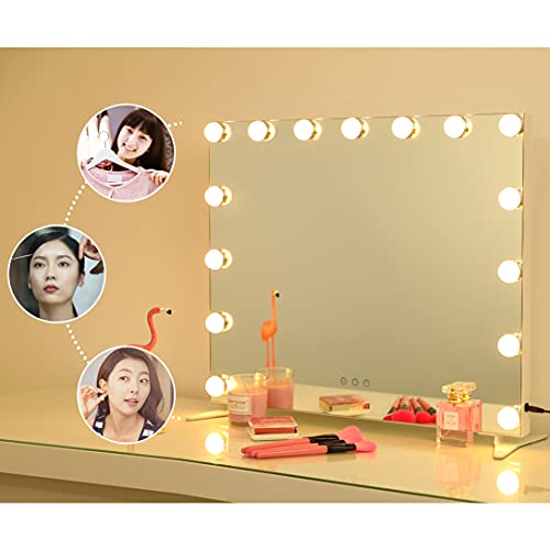 2-FNS Hollywood Espejo de maquillaje iluminado con 15 bombillas LED regulables para vestidor, espejo cosmético sin marco, color blanco