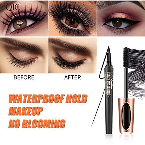 2 in 1 Mascara de Pestañas 4D Waterproof, Mascara de Pestañas con Fibras de Seda, Máscara de Larga Duración para Definición y Volumen + Delineador de ojos a prueba de agua, delineador líquido negro