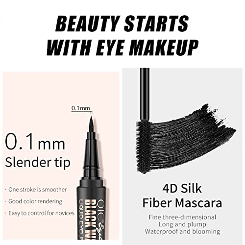 2 in 1 Mascara de Pestañas 4D Waterproof, Mascara de Pestañas con Fibras de Seda, Máscara de Larga Duración para Definición y Volumen + Delineador de ojos a prueba de agua, delineador líquido negro