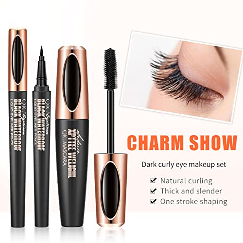 2 in 1 Mascara de Pestañas 4D Waterproof, Mascara de Pestañas con Fibras de Seda, Máscara de Larga Duración para Definición y Volumen + Delineador de ojos a prueba de agua, delineador líquido negro