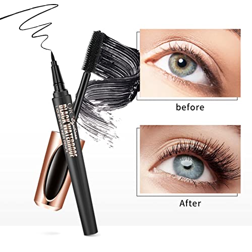 2 in 1 Mascara de Pestañas 4D Waterproof, Mascara de Pestañas con Fibras de Seda, Máscara de Larga Duración para Definición y Volumen + Delineador de ojos a prueba de agua, delineador líquido negro