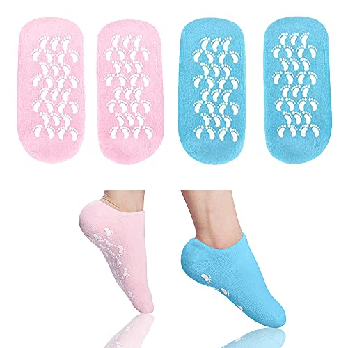 2 Pares Calcetines Hidratantes Gel Humectantes, Calcetines Hidratantes Suaves Para Los Pies Mujeres y Hombres Hidratar Los Pies Secos, Calcetines Silicona Para Spa Algodón Con Dedos de Gel(Azul Rosa)